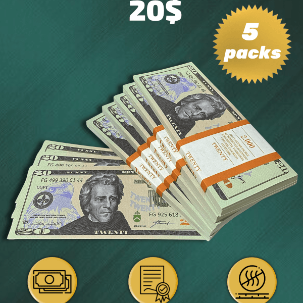 20 US Dollars prop money stack two-sided five packs