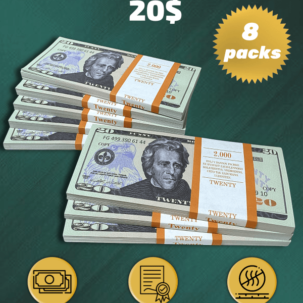 20 US Dollars prop money stack two-sided eight packs