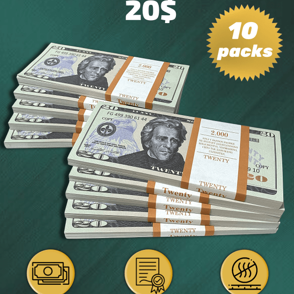 20 US Dollars prop money stack two-sided ten packs