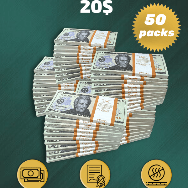 20 US Dollars prop money stack two-sided fifty packs