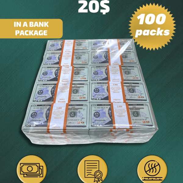20 US Dollars prop money stack two-sided one hundred packs