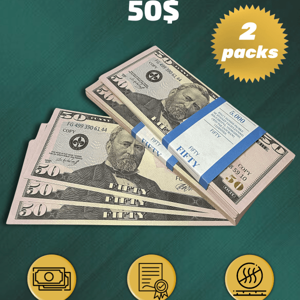 50 US Dollars prop money stack two-sided two packs