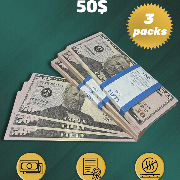 50 US Dollars prop money stack two-sided three packs