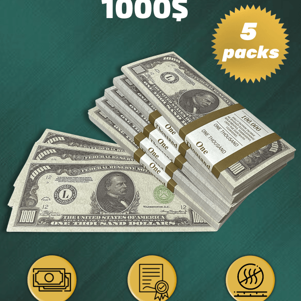 1000 US Dollars prop money stack two-sided five packs