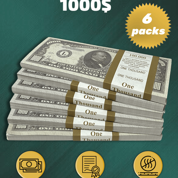 1000 US Dollars prop money stack two-sided six packs