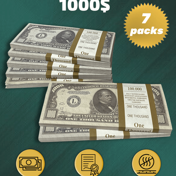 1000 US Dollars prop money stack two-sided seven packs
