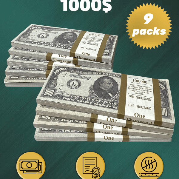 1000 US Dollars prop money stack two-sided nine packs