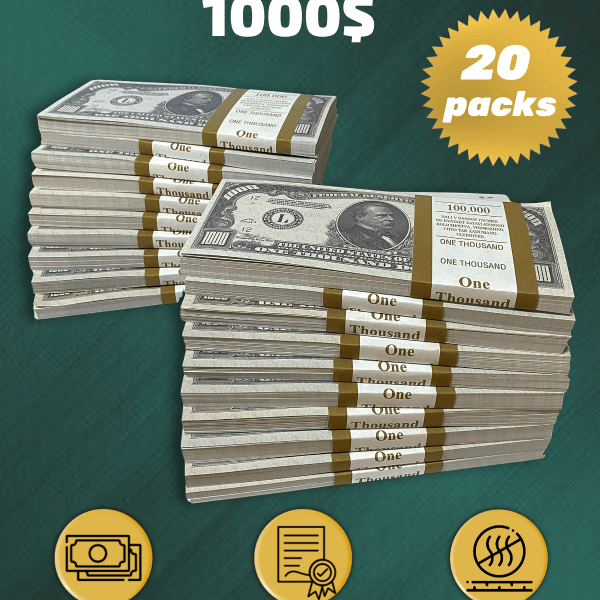 1000 US Dollars prop money stack two-sided twenty packs