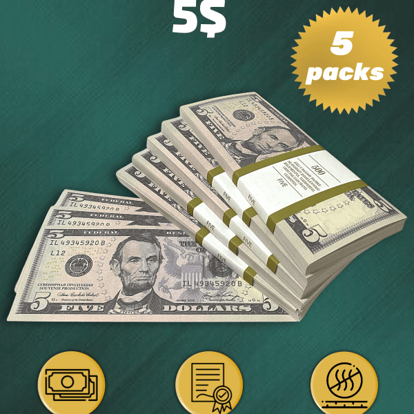 5 US Dollars prop money stack two-sided five packs