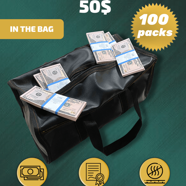 50 US Dollars prop money stack two-sided one hundred packs & money bag