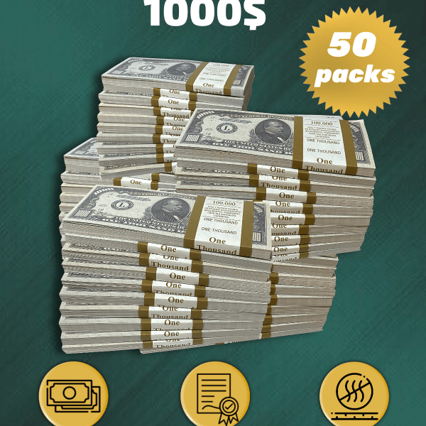 1000 US Dollars prop money stack two-sided fifty packs