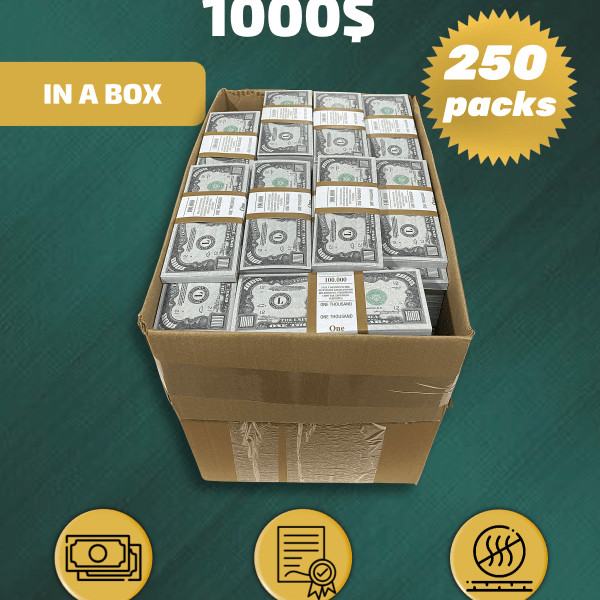1000 US Dollars prop money stack two-sided two hundred fifty packs