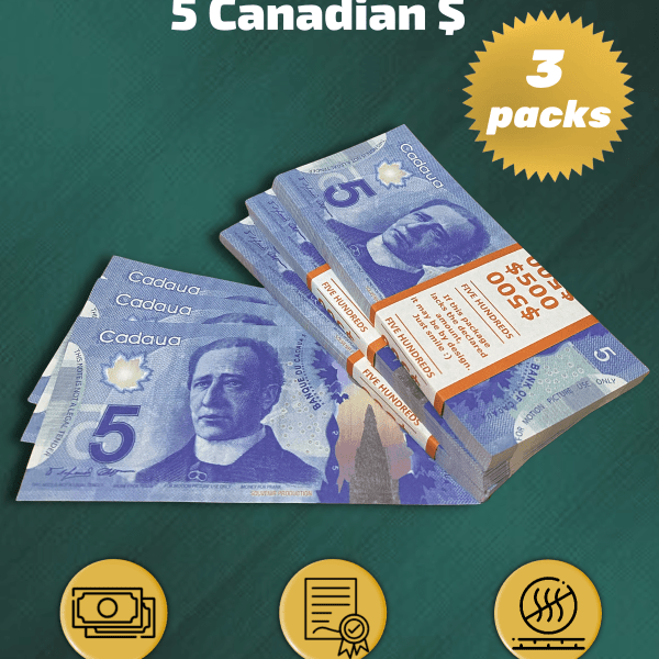 5 Canadian Dollars prop money stack two-sided three packs