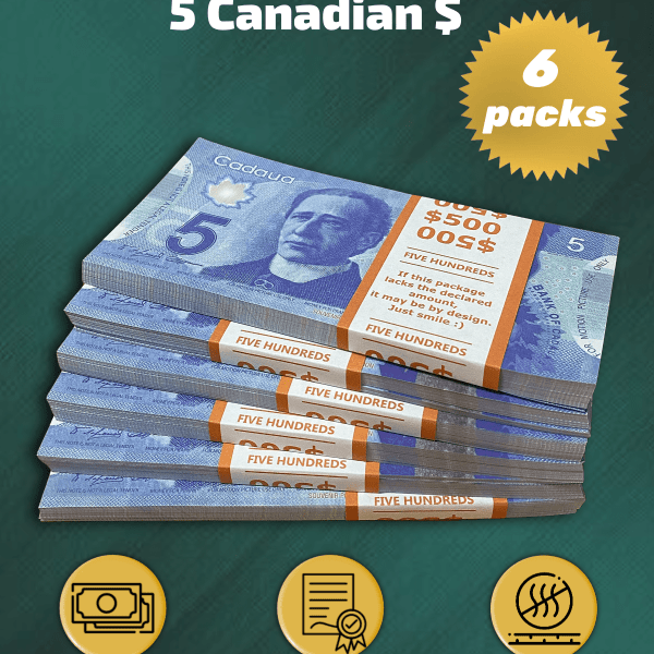 5 Canadian Dollars prop money stack two-sided six packs