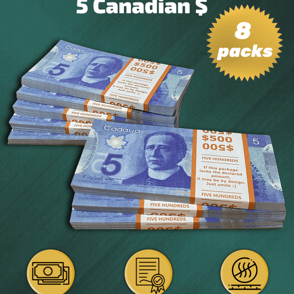 5 Canadian Dollars prop money stack two-sided eight packs
