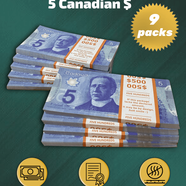5 Canadian Dollars prop money stack two-sided nine packs