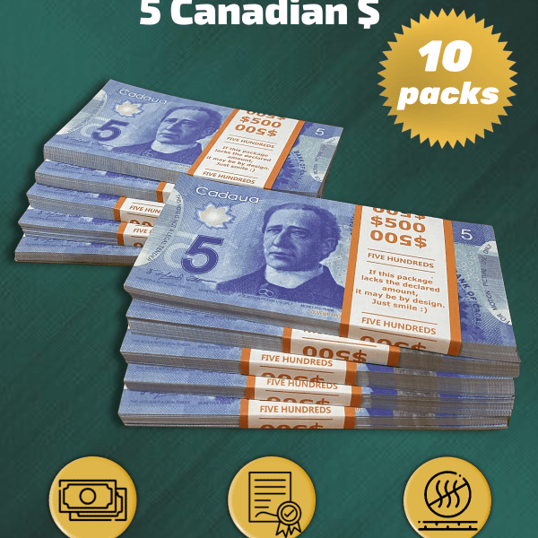 5 Canadian Dollars prop money stack two-sided ten packs