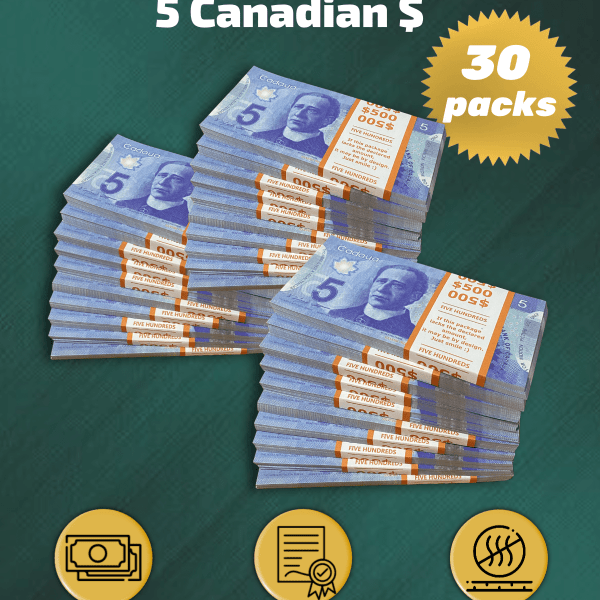 5 Canadian Dollars prop money stack two-sided thirty packs