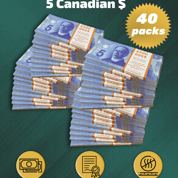 5 Canadian Dollars prop money stack two-sided forty packs