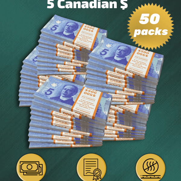 5 Canadian Dollars prop money stack two-sided fifty packs