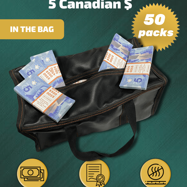5 Canadian Dollars prop money stack two-sided fifty packs & money bag