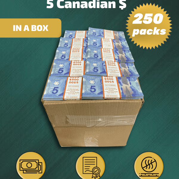 5 Canadian Dollars prop money stack two-sided two hundred fifty packs