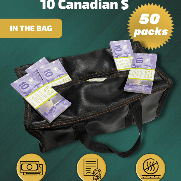 10 Canadian Dollars prop money stack two-sided fifty packs & money bag