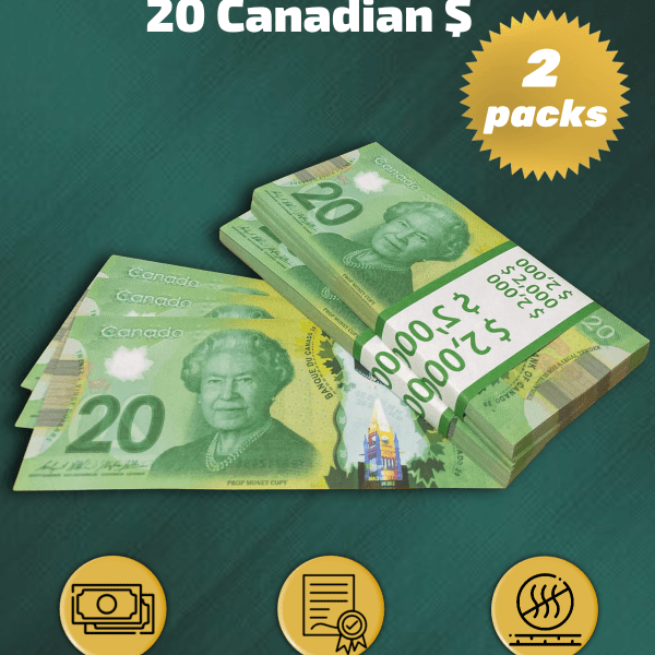 20 Canadian Dollars prop money stack two-sided two packs