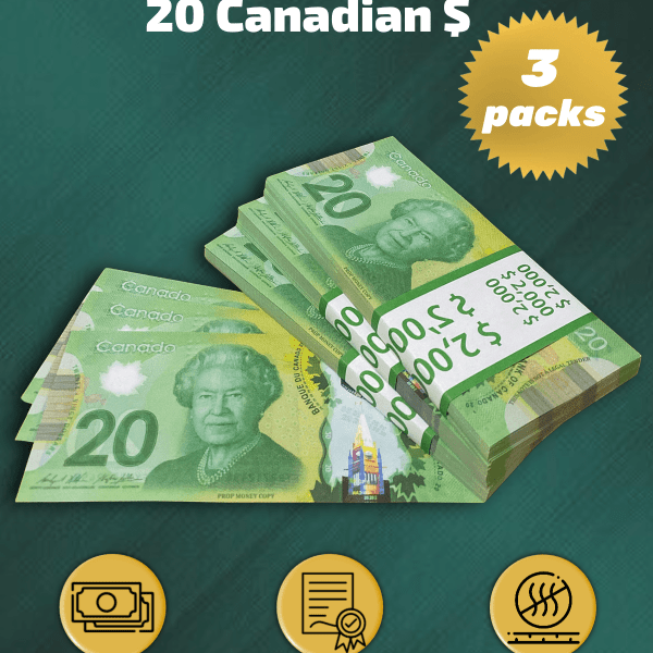 20 Canadian Dollars prop money stack two-sided three packs