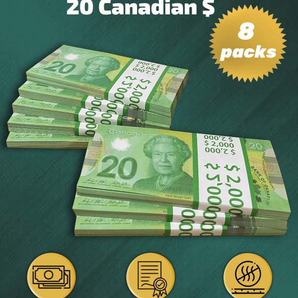 20 Canadian Dollars prop money stack two-sided eight packs