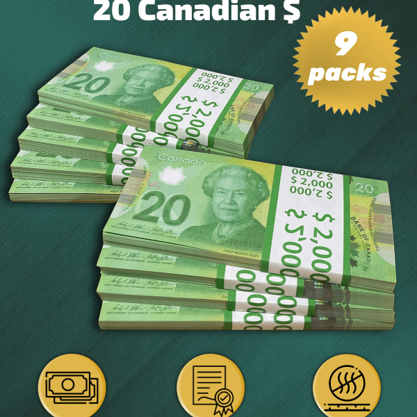 20 Canadian Dollars prop money stack two-sided nine packs