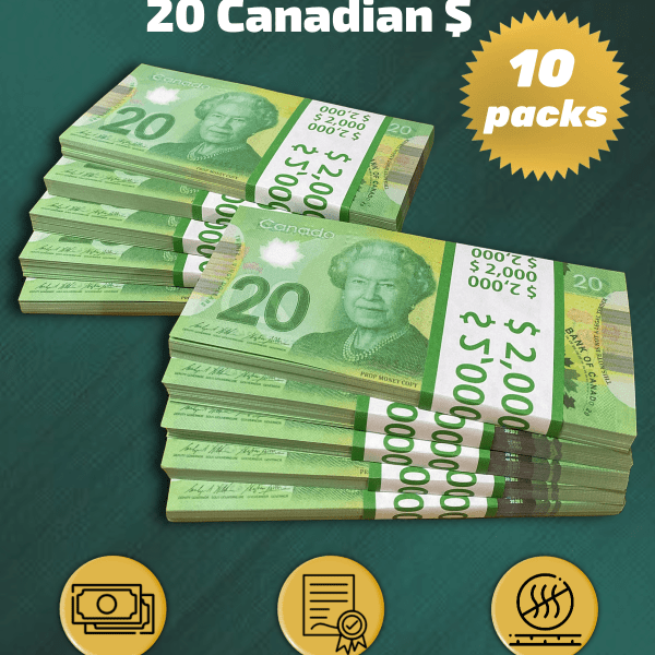 20 Canadian Dollars prop money stack two-sided ten packs