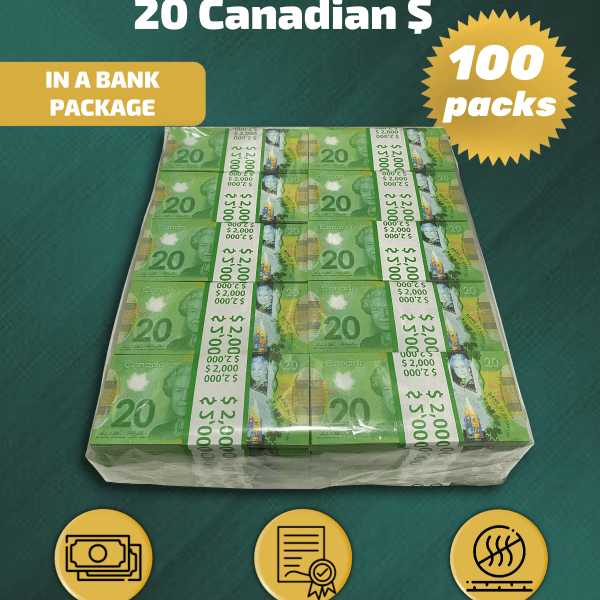 20 Canadian Dollars prop money stack two-sided one hundred packs
