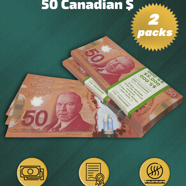 50 Canadian Dollars prop money stack two-sided two packs