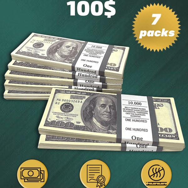100 US Dollars prop money stack two-sided seven packs