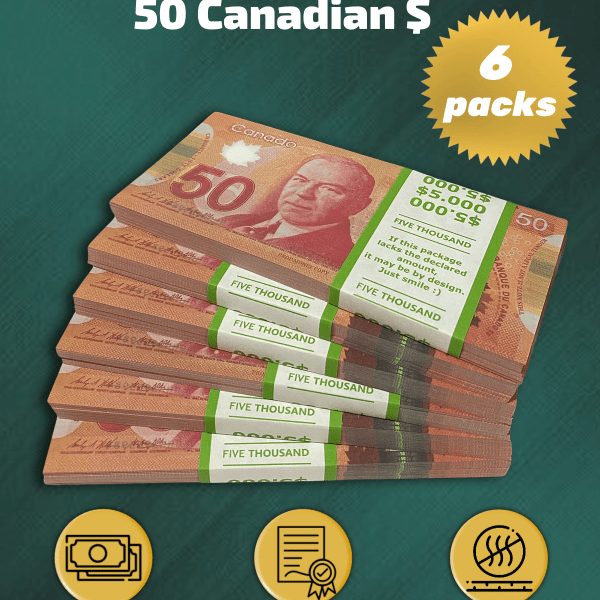 50 Canadian Dollars prop money stack two-sided six packs