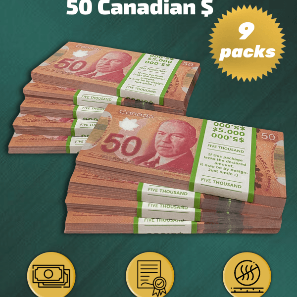 50 Canadian Dollars prop money stack two-sided nine packs