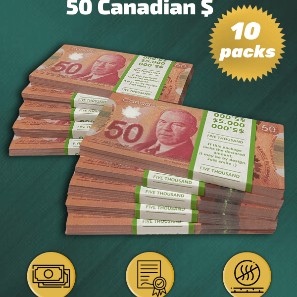 50 Canadian Dollars prop money stack two-sided ten packs