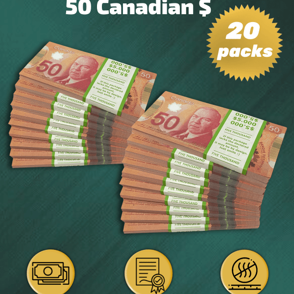 50 Canadian Dollars prop money stack two-sided twenty packs