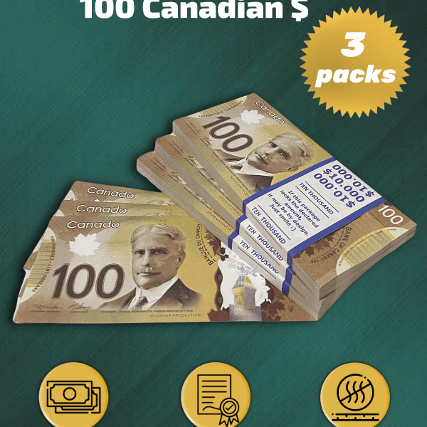 100 Canadian Dollars prop money stack two-sided three packs