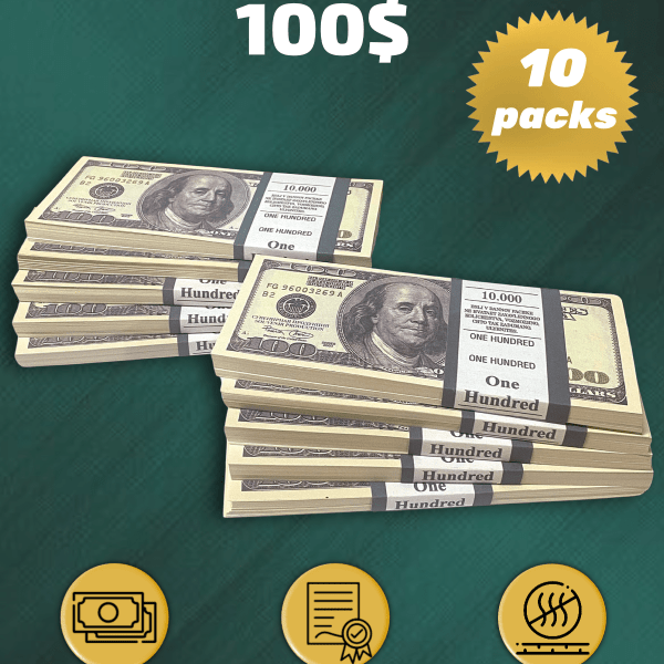 100 US Dollars prop money stack two-sided ten packs