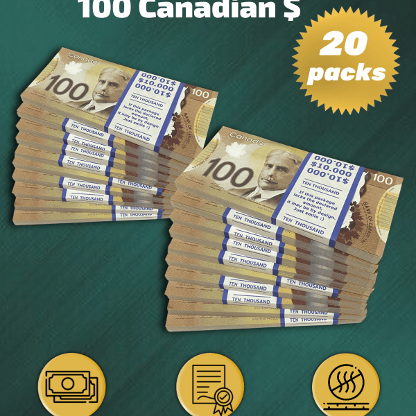 100 Canadian Dollars prop money stack two-sided twenty packs