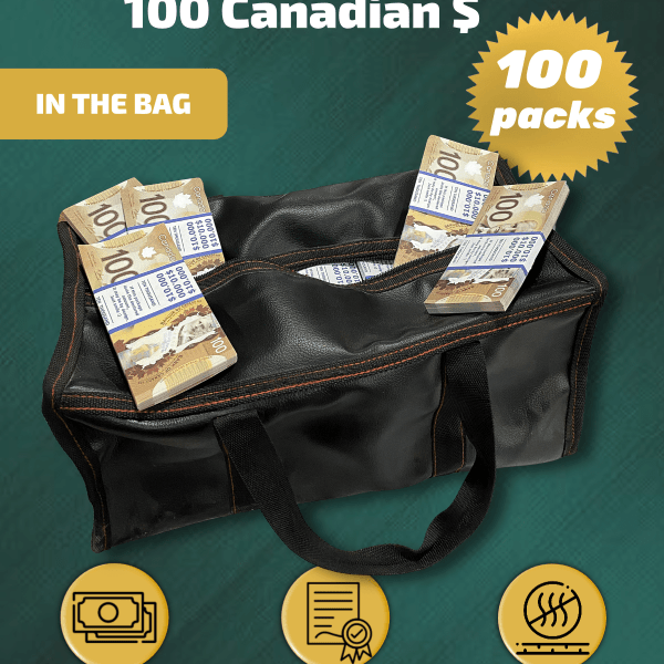 100 Canadian Dollars prop money stack two-sided one hundred packs & money bag