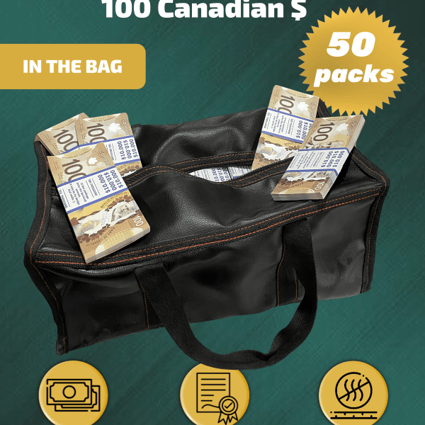 100 Canadian Dollars prop money stack two-sided fifty packs & money bag