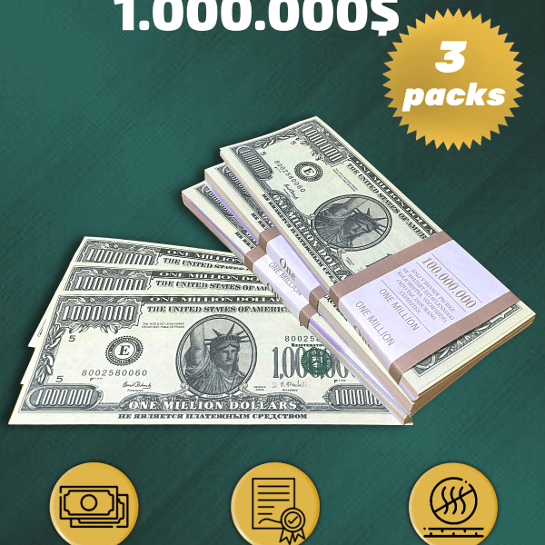 1.000.000 US Dollars prop money stack two-sided three packs