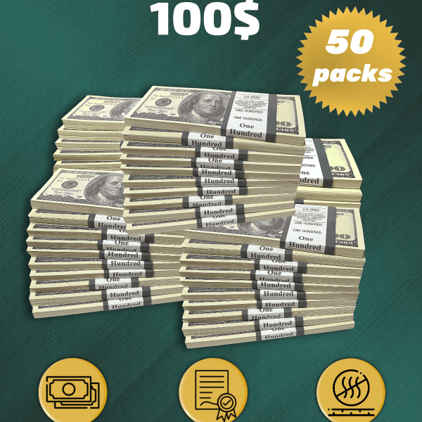 100 US Dollars prop money stack two-sided fifty packs