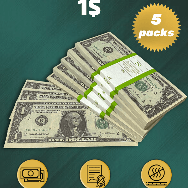 1 US Dollars prop money stack two-sided five packs