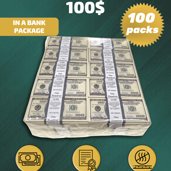 100 US Dollars prop money stack two-sided one hundred packs
