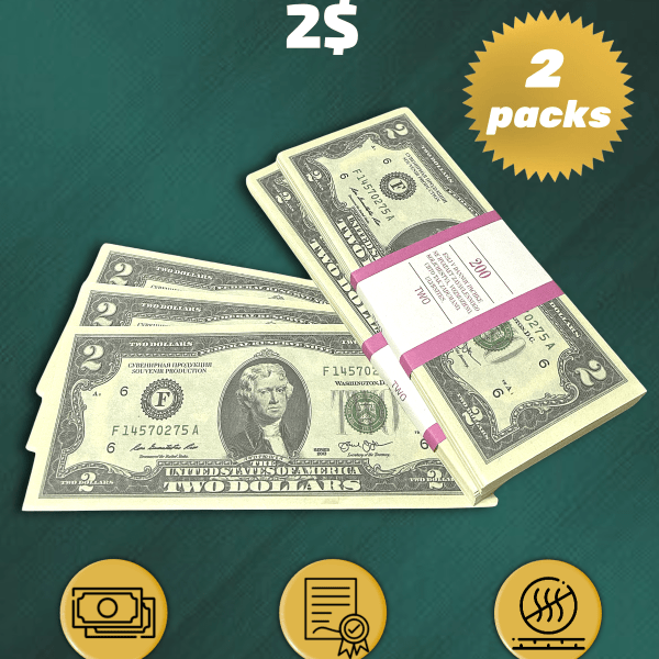 2 US Dollars prop money stack two-sided two packs