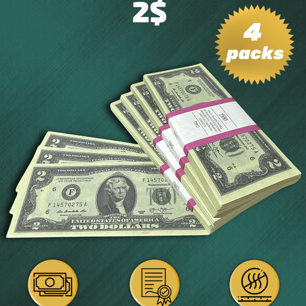 2 US Dollars prop money stack two-sided for packs